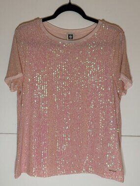 Anne Klein Woman Light Pink Short Sleeve Sequince Crewneck Top/Blouse Size Large